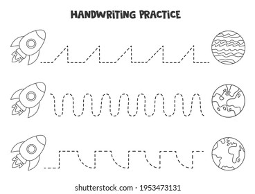 Tracing lines for kids with cute black and white rocket and planets. Handwriting practice for children.
