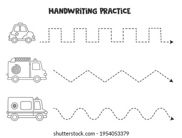 Tracing lines for kids with cute black and white transportation means. Handwriting practice for children.