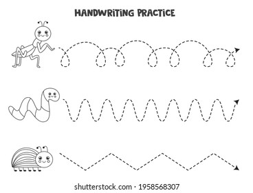Tracing lines for kids with cute black and white insects. Handwriting practice for children.