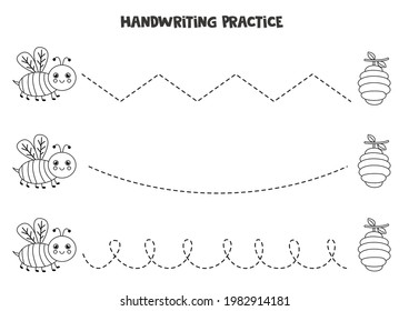 Tracing lines for kids with cute black and white bee. Handwriting practice for children.