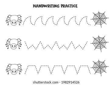 Tracing lines for kids with cute black and white spider and web. Handwriting practice for children.