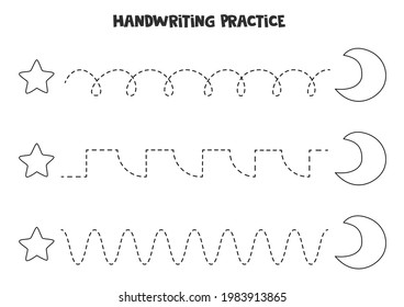 Tracing lines for kids with cute black and white crescent and star. Handwriting practice for children.