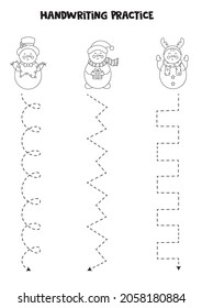 Tracing lines for kids with cute black and white snowmen. Handwriting practice.
