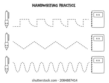 Tracing lines for kids with cute black and white pen and sheet of paper. Handwriting practice.