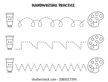 Tracing lines for kids with cute black and white paint tube and palette. Handwriting practice.
