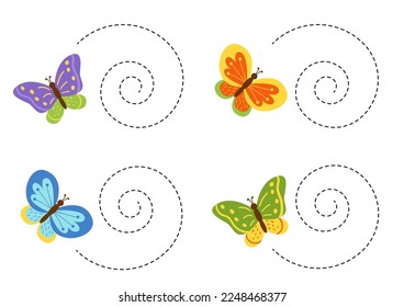 Rastreo de lineas para niños con lindas mariposas. Práctica de escritura a mano para niños.