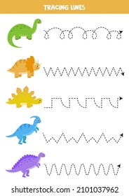 Tracing lines for kids with cute cartoon dinosaurs. Handwriting practice.