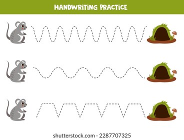 Tracing lines for kids. Cute cartoon mouse and its hole. Handwriting practice for children.