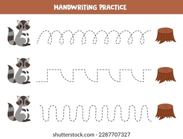 Tracing lines for kids. Cute cartoon raccoon and tree stump. Handwriting practice for children.