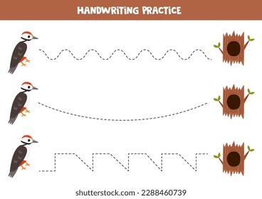 Rastreo de líneas para niños. Caricatura suave carpintero y hueco de árbol. Práctica de escritura a mano para niños.