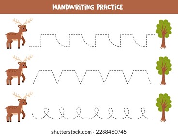 Tracing lines for kids. Cute cartoon deer and tree. Handwriting practice for children.