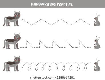 Tracing lines for kids. Cute cartoon wolf and rabbit. Handwriting practice for children.