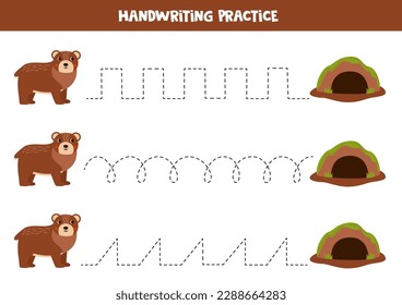 Tracing lines for kids. Cute cartoon bear and his den. Handwriting practice for children.