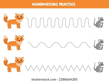 Tracing lines for kids. Cute cartoon fox and mouse. Handwriting practice for children.