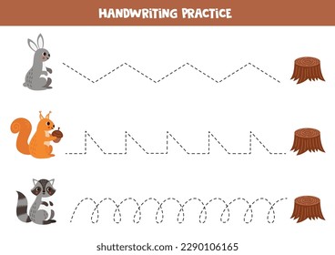 Tracing lines for kids. Cute cartoon woodland animals. Handwriting practice for children.