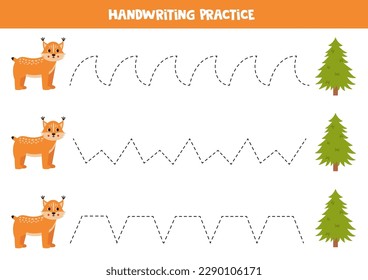 Tracing lines for kids. Cute cartoon lynx and fir tree. Handwriting practice for children.