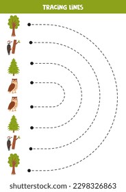 Tracing lines for kids. Cute cartoon forest animals. Handwriting practice for children.