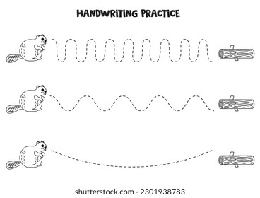Tracing lines for kids. Cute cartoon beaver. Handwriting practice for children.