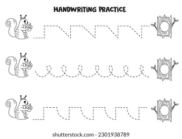 Tracing lines for kids. Cute cartoon squirrel. Handwriting practice for children.