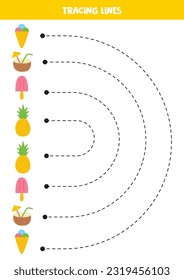 Tracing lines for kids. Cute cartoon summer food. Handwriting practice for children.