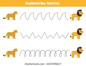 Tracing lines for kids. Cute cartoon leopard and lion. Handwriting practice for children.