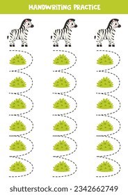 Tracing lines for kids. Cute cartoon zebras. Handwriting practice for children.
