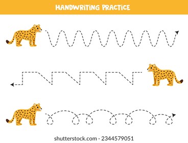 Tracing lines for kids. Cute cartoon jaguar. Handwriting practice for children.