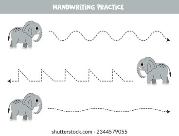 Tracing lines for kids. Cute cartoon elephant. Handwriting practice for children.