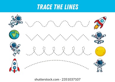 Tracing lines for kids. Cute cartoon  astronaut. Handwriting practice. Educational game for preschool kids. Activity page. Space elements. Vector illustration. 