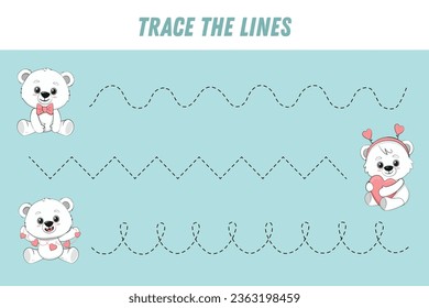 Tracing lines for kids. Cute cartoon polar bear with pink heart. Teddy bear. Handwriting practice. Educational game for preschool kids. Activity page. Vector