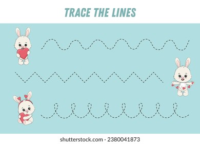 Tracing lines for kids. Cute cartoon white bunny with pink heart. Funny rabbit. Handwriting practice. Educational game for preschool kids. Activity page. Vector