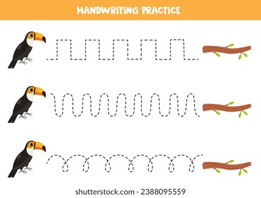 Rastreo de líneas para niños. Tocador de dibujos animados y rama de árboles. Práctica de escritura a mano para niños.