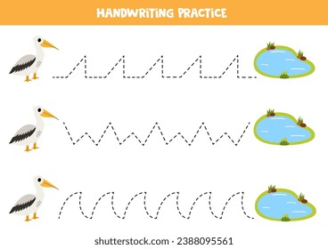 Tracing lines for kids. Cute cartoon pelican and water pond. Handwriting practice for children.