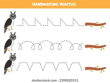 Tracing lines for kids. Cute cartoon harpy eagle and tree branch. Handwriting practice for children.