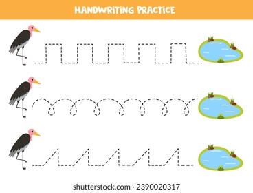 Trainingslinien für Kinder. Cute cartoon marabou Vogel und Wasserteich. Handschriftliche Praxis für Kinder.