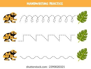 Tracing lines for kids. Cute cartoon yellow banded poison dart frog and monstera leaf. Handwriting practice for children.