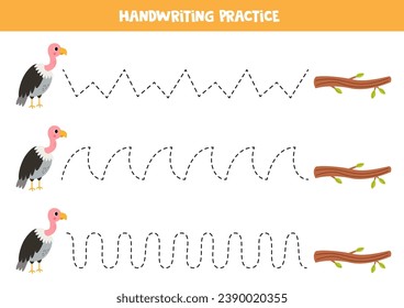 Tracing lines for kids. Cute cartoon vulture and tree branch. Handwriting practice for children.