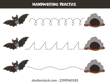 Tracing lines for kids. Cute cartoon vampire bat and cave. Handwriting practice for children.