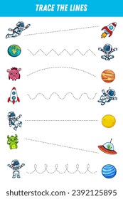 Tracing lines for kids. Cute cartoon astronaut, monster, ufo, planets, rocket. Handwriting practice. Educational game for preschool kids. Activity page. Vector