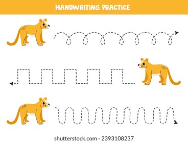 Tracing lines for kids. Cute cartoon cougar. Handwriting practice for children.