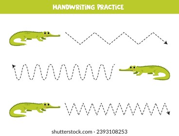 Tracing lines for kids. Cute cartoon green gavial. Handwriting practice for children.