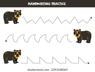 Tracing lines for kids. Cute cartoon spectacled bear. Handwriting practice for children.