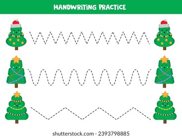 Tracing lines for kids. Cute cartoon Christmas trees. Handwriting practice for children.