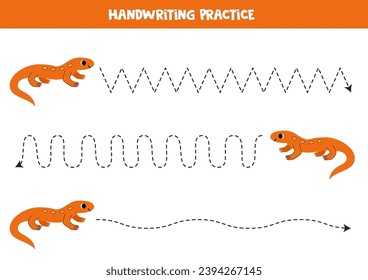 Tracing lines for kids. Cute cartoon newt. Handwriting practice for children.