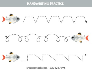 Tracing lines for kids. Cute cartoon xray fish. Handwriting practice for children.