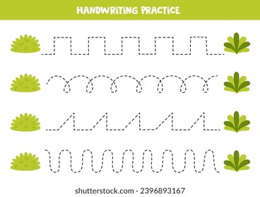 Tracing lines for kids. Cute cartoon green bushes. Handwriting practice for children.