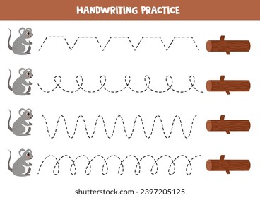 Tracing lines for kids. Cute cartoon mouse and tree log. Handwriting practice for children.