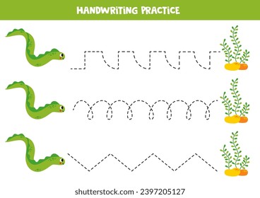 Tracing lines for kids. Cute cartoon green sea eel and seaweeds. Handwriting practice for children.