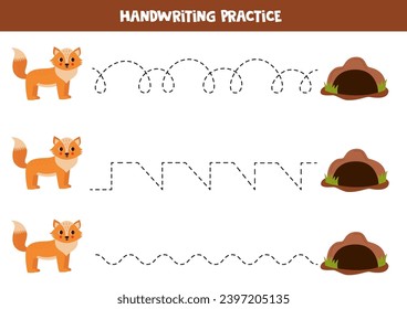 Tracing lines for kids. Cute cartoon fox and burrow. Handwriting practice for children.