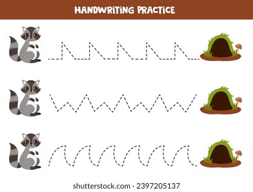 Tracing lines for kids. Cute cartoon raccoon and its burrow. Handwriting practice for children.